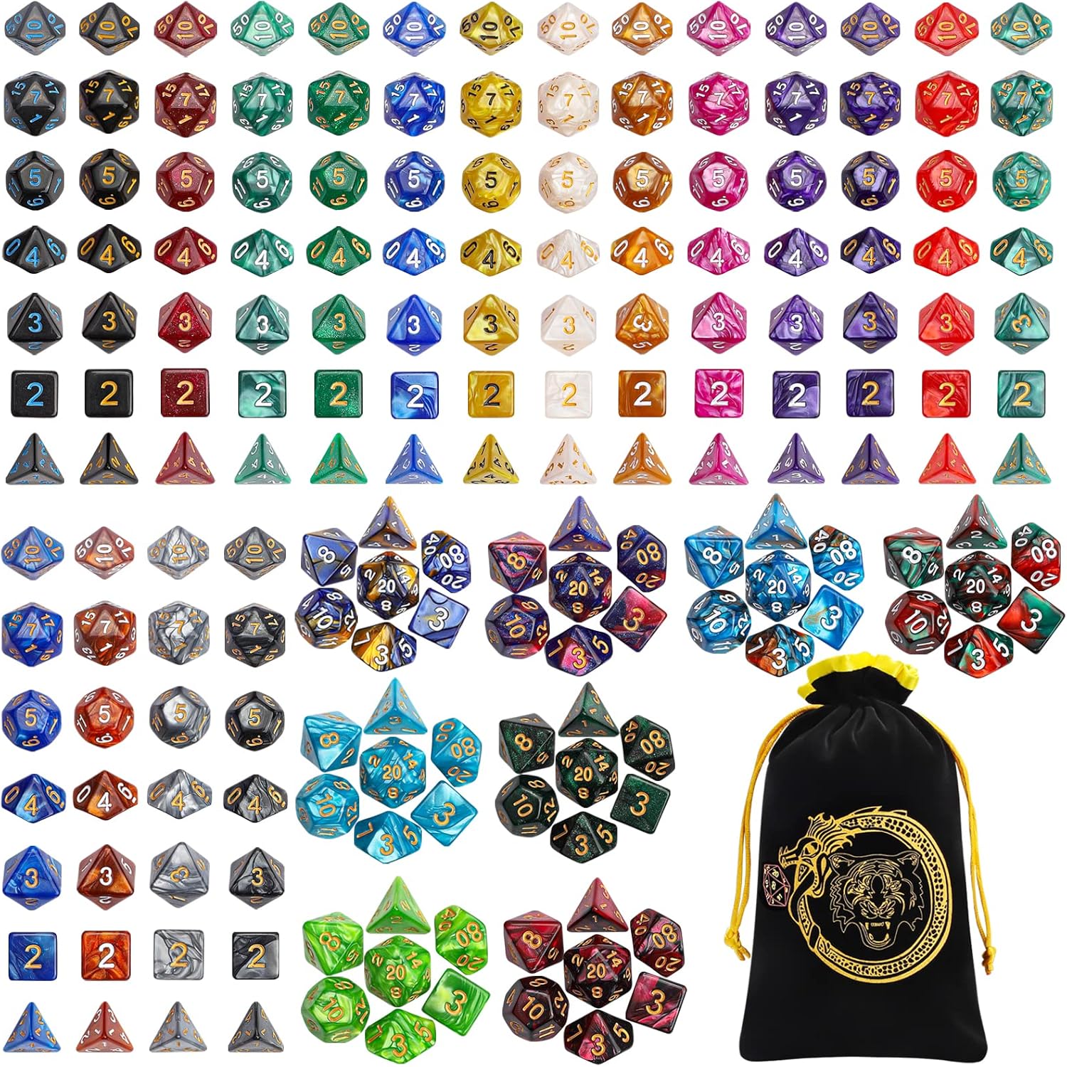Ciaraq DND S - 26 X 7 Polyhedral Dice (182Pcs) With A Large Drawstring Bag Great For Dungeons And Dragons, Role Playing Table Game Dice Set - Image 1